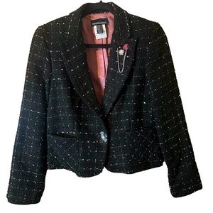 Frank Lyman Black Pink Tweed Floral Chain Accent Blazer Office Business Size 6